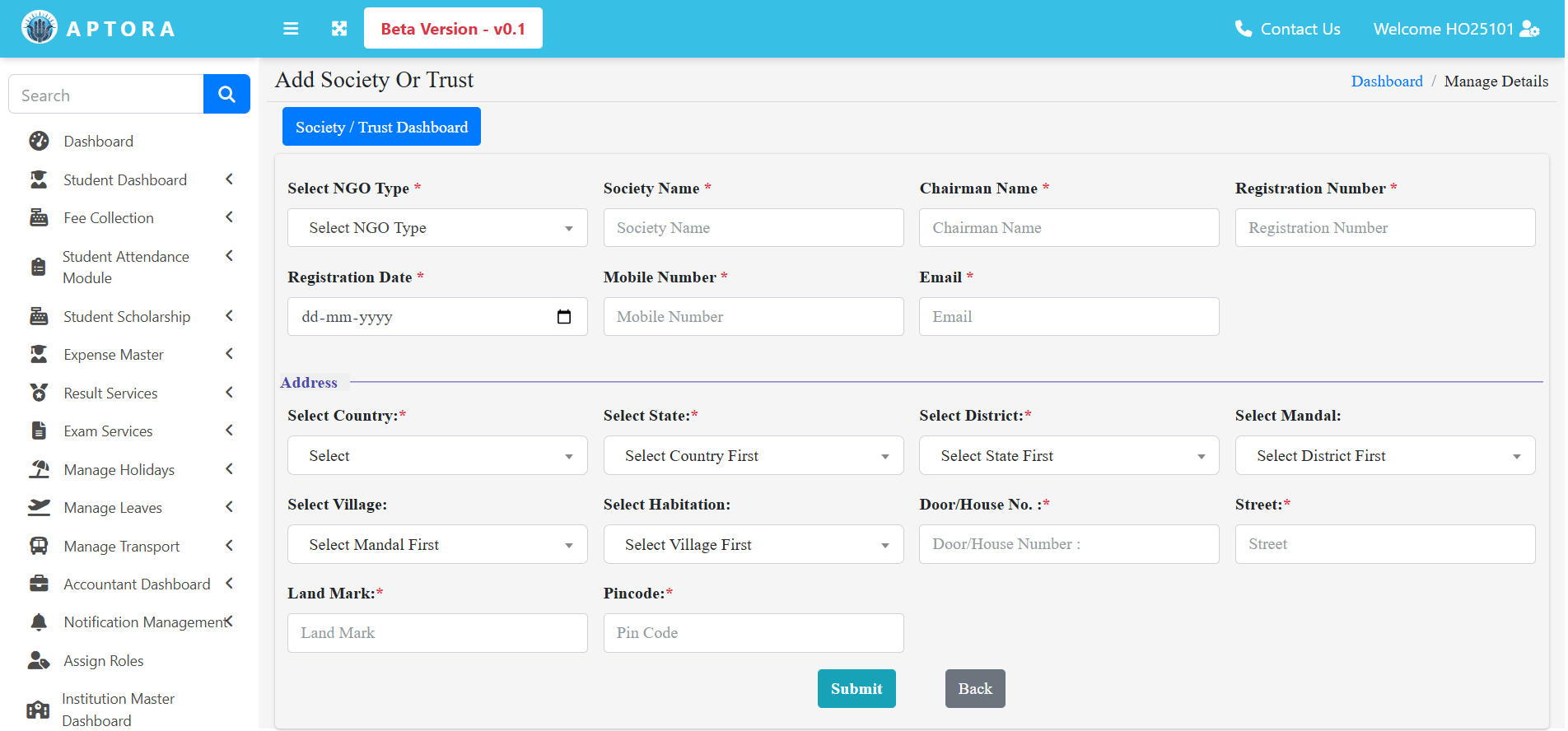 APTORA IMS society management dashboard