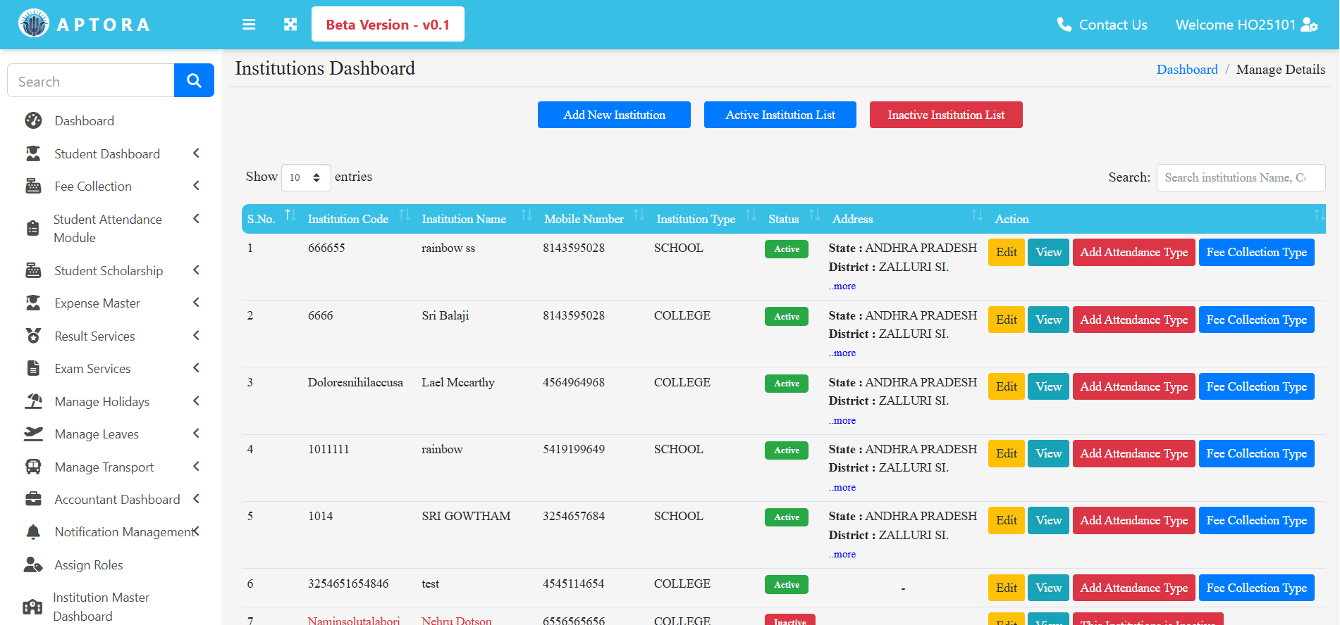 APTORA IMS multi-institution management dashboard