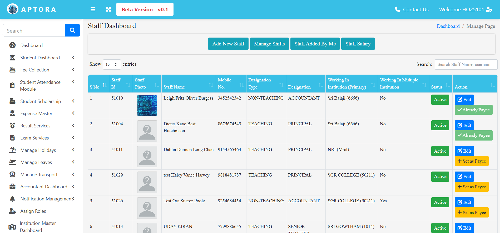 APTORA IMS staff management dashboard